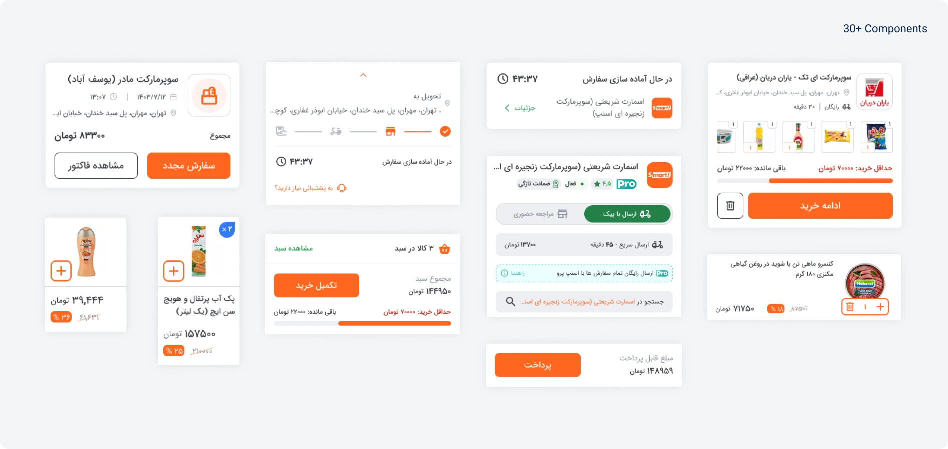 30+ components: order cards, re-order card, delivery and cart summary, store header, delivery selector, product cards, minimum-order progress and payment bar