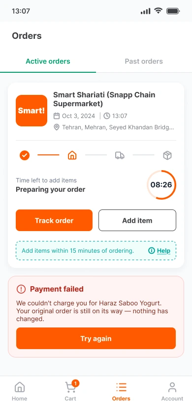 Payment failed card under the order: original order still on its way, Try again button