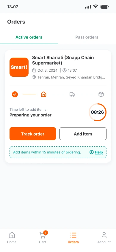 Redesigned Orders screen: countdown ring at 08:26, 'Time left to add items' label, Track order and Add item buttons