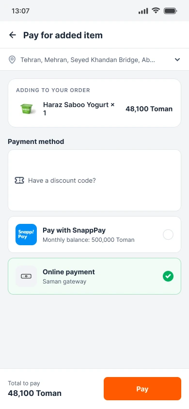 After: pay only for the added item, added to the existing order