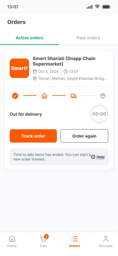 Time's up: ring at 00:00, button changed to Order again, note says time to add items has ended