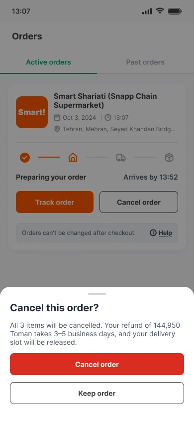Cancel this order bottom sheet: refund takes 3 to 5 business days and the delivery slot is released