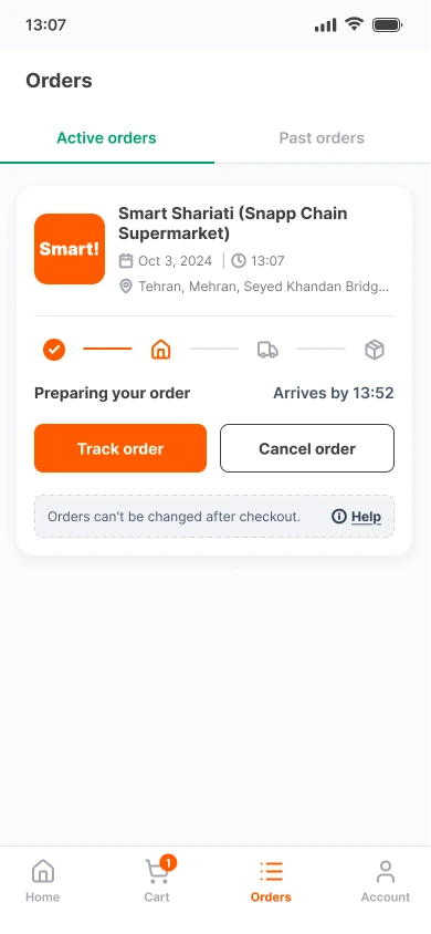Old Orders screen: order locked after checkout, only Track order and Cancel order, note says orders can't be changed after checkout