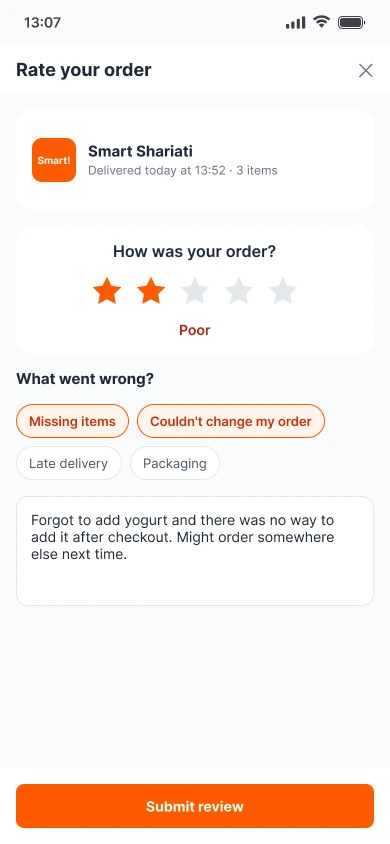Rate your order screen with two stars, Missing items and Couldn't change my order selected