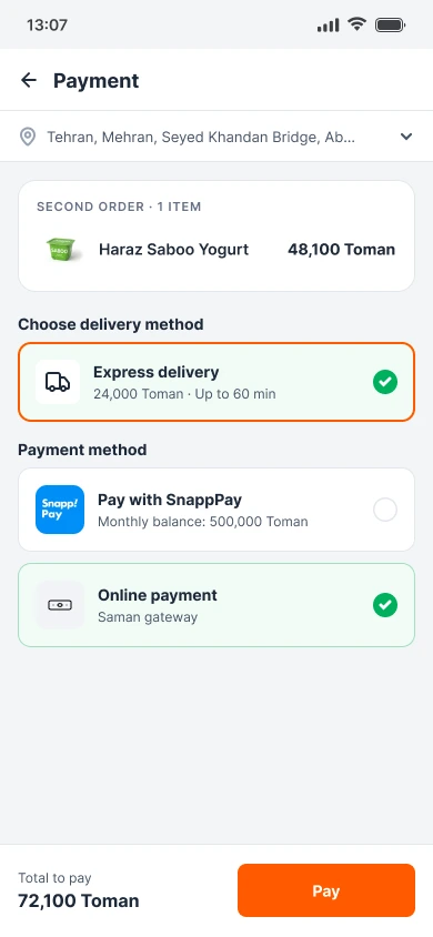 Checkout for a second order containing a single yogurt, with the delivery fee charged again