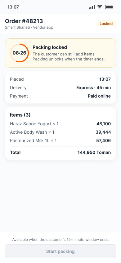 Vendor app: packing locked with a countdown until the customer's 15-minute window ends; Start packing disabled